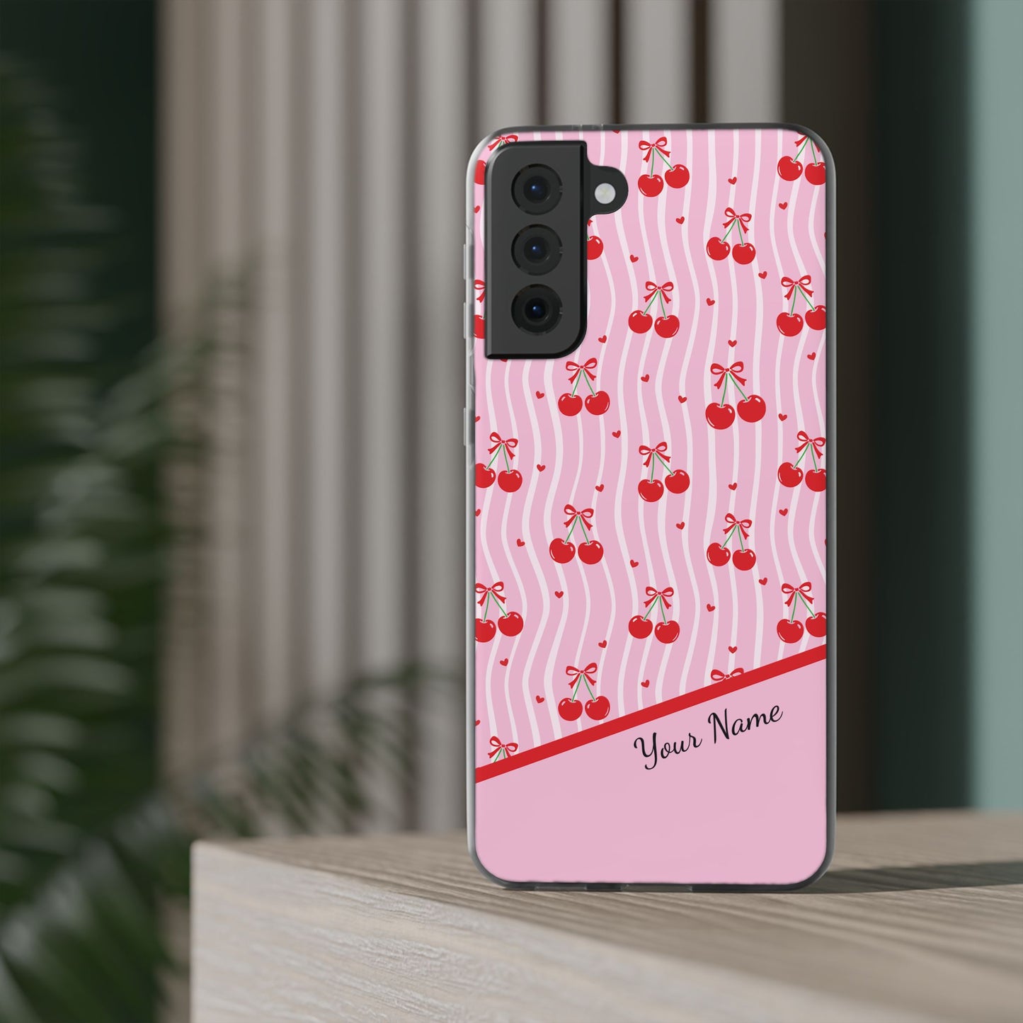 Personalized Cherry Blossom Dreams Flexi Case — Pink Retro Cherry iPhone® 7/8, 11, 12, 13, 14, 15, 16, 17, X/XS, SE, XR, Mini, Pro, Pro Max, Plus Cases.