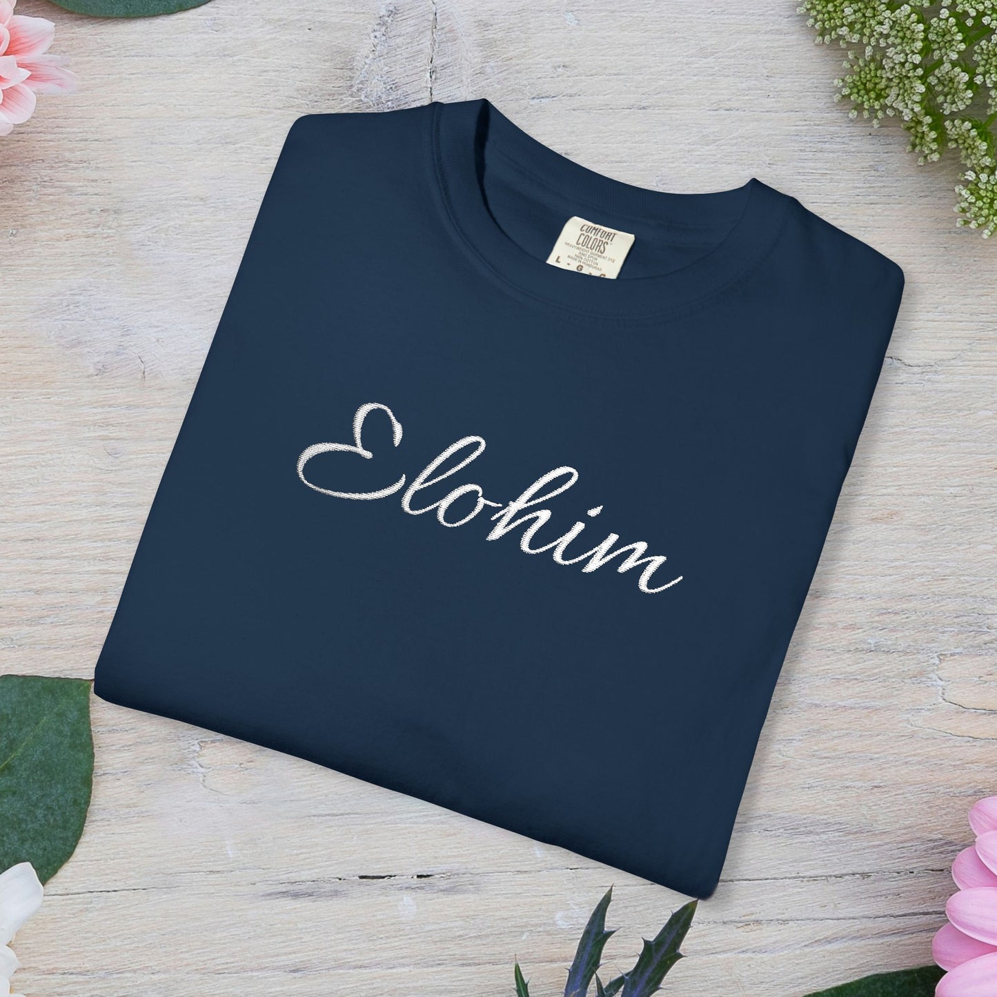 Embroidery 'ELOHIM, GENESIS 1:1' - Faith-Based Unisex Garment-Dyed Comfort Colors T-shirt, Faith Gift Tee, Religious Tee, Embroidery Tee.