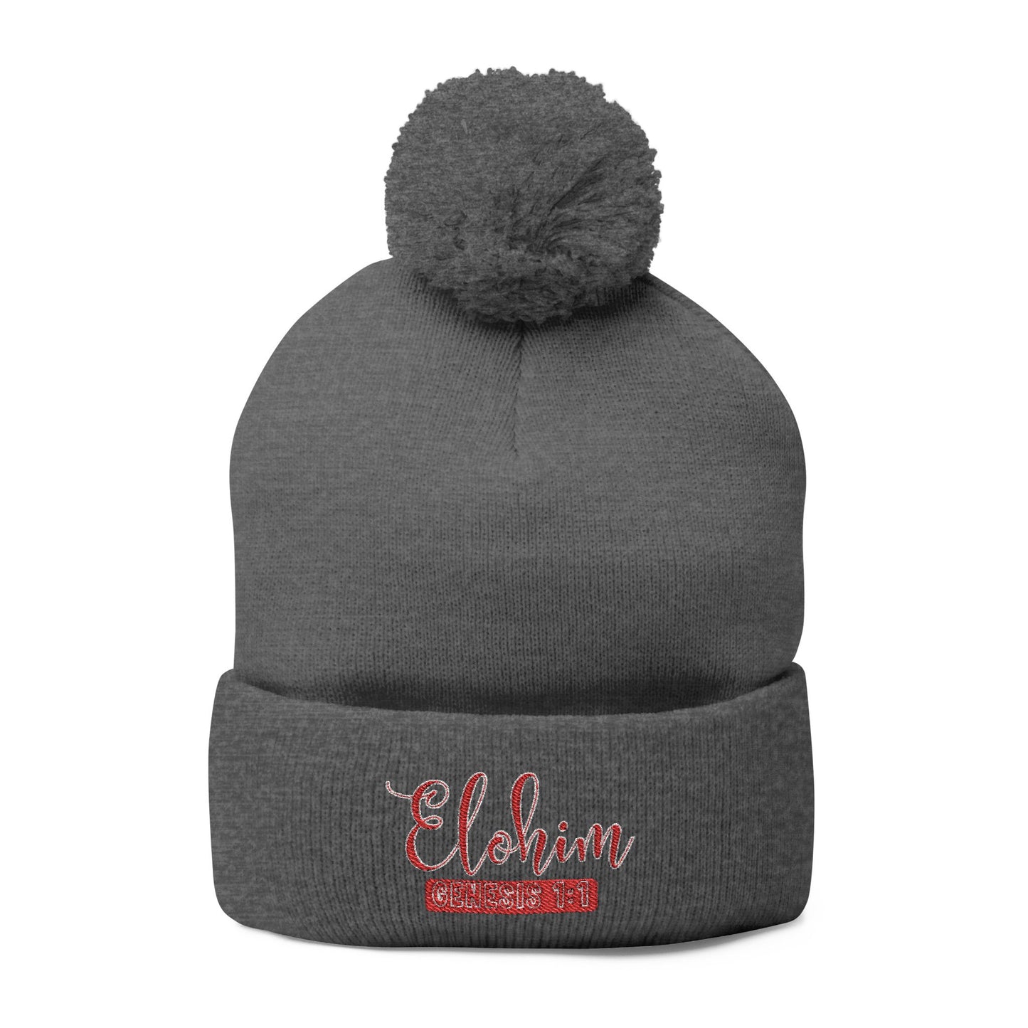 Red Pom-Pom Knit Cap with 'ELOHIM, GENESIS 1:1'  Embroidery Beanie - Stylish Winter Accessory for All Ages, Perfect Gift for Birthdays, Holidays, and Outdoor Activities