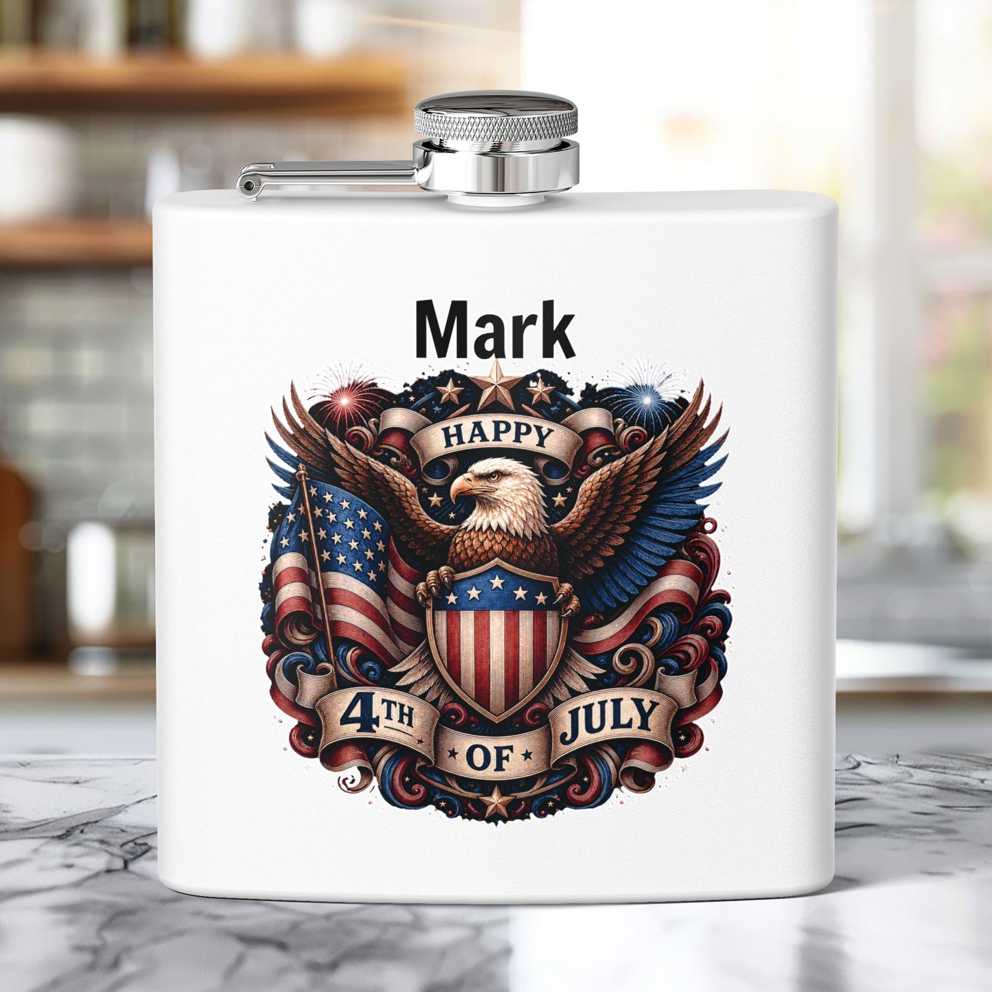 Personalized 4th of July Stainless Steel Flask – Patriotic Eagle Hip Flask (6 oz)