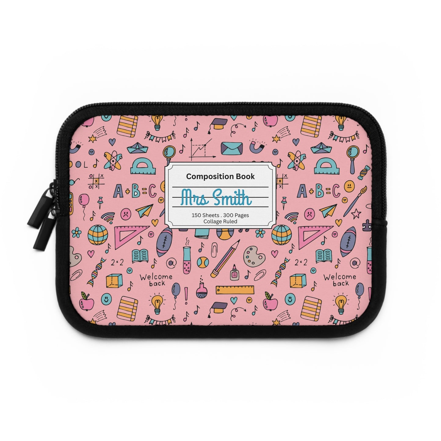 Personalized Pink Chalkboard Chic Laptop Sleeve with Composition Book Inspired Design, Customizable Tech Case, School Supplies, Gift for Students, College Essentials, Back to School