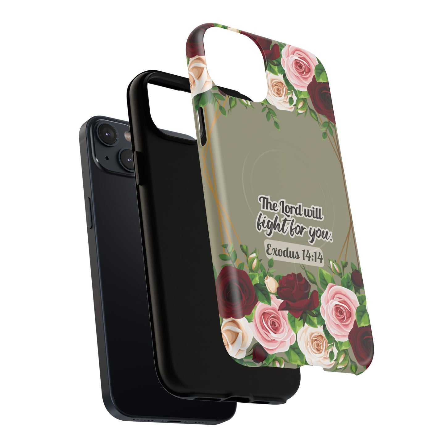 The Lord will Fight for You Exodus 14:14, Inspirational Gift, Tough iPhone Magnetic Case Scripture, Roses Bible Verse, MagSafe® iPhone® Tough Case, iPhone 14, iPhone 15, iPhone 16, Pro, Pro Max, Plus.