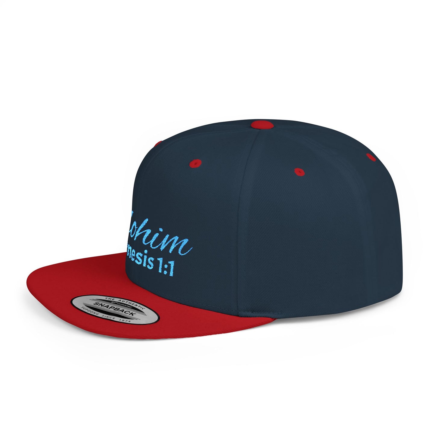 Teal Embroidery 'ELOHIM, GENESIS 1:1' Flat Bill Snapback Hat, Stylish Cap for Everyday Wear, Church Events, Gift for Him/Her, Streetwear Accessory, Casual Fashion