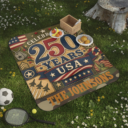 Personalized 'Celebrating 250 Years USA' Picnic Blanket — Custom Family Name (The Johnsons)