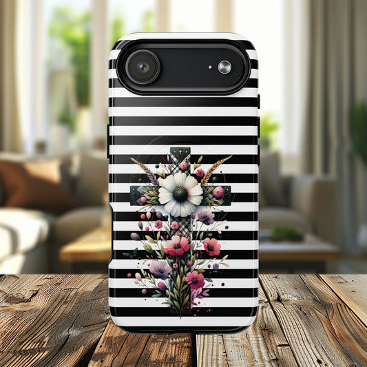 Faith in Bloom Tough iPhone Magnetic Case, iPhone Accessories, Floral iPhone Cover, Durable Cases for Gifts, Black and White Stripes