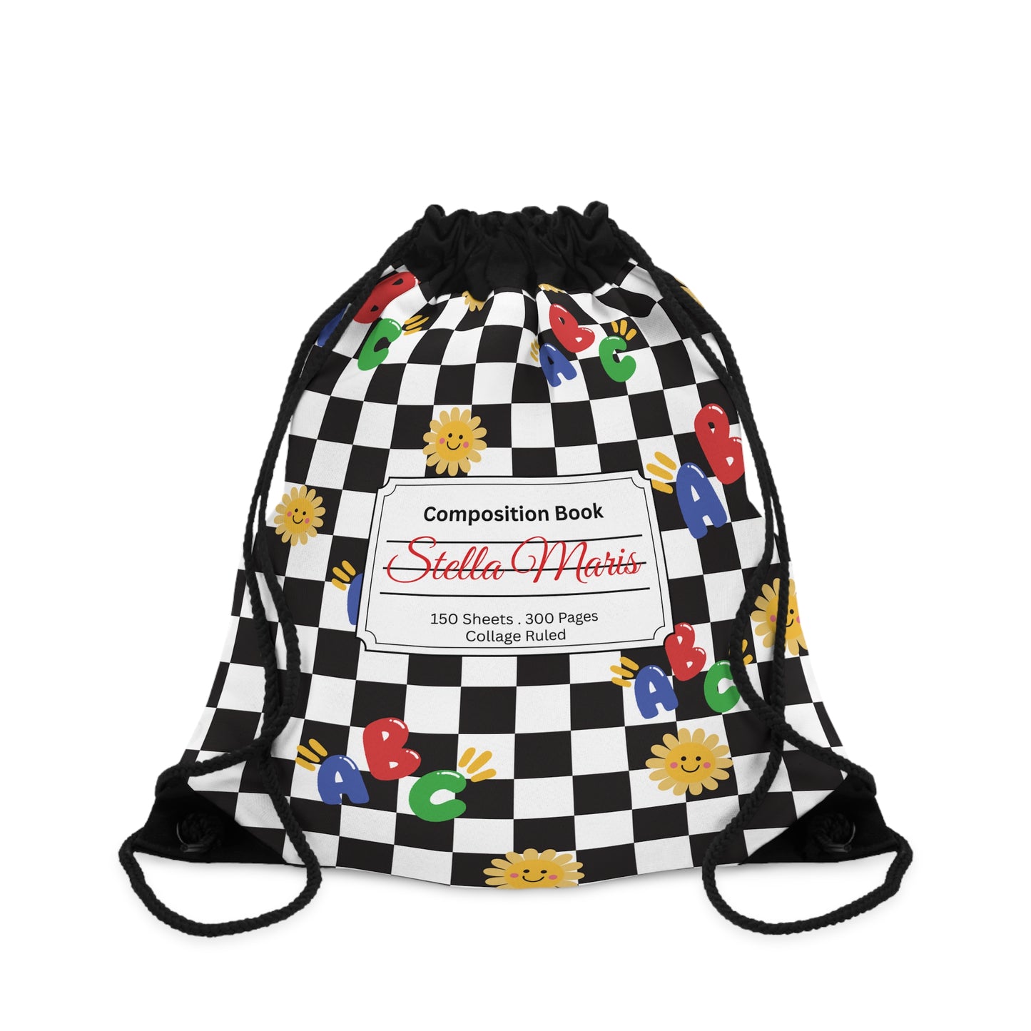 Custom Schoolyard Chic Composition Book Inspired Colorful plsyful icons Drawstring Bag | Personalized College Ruled Tote | Kids School Gear | Fun Gym Sack | Back to School Accessory