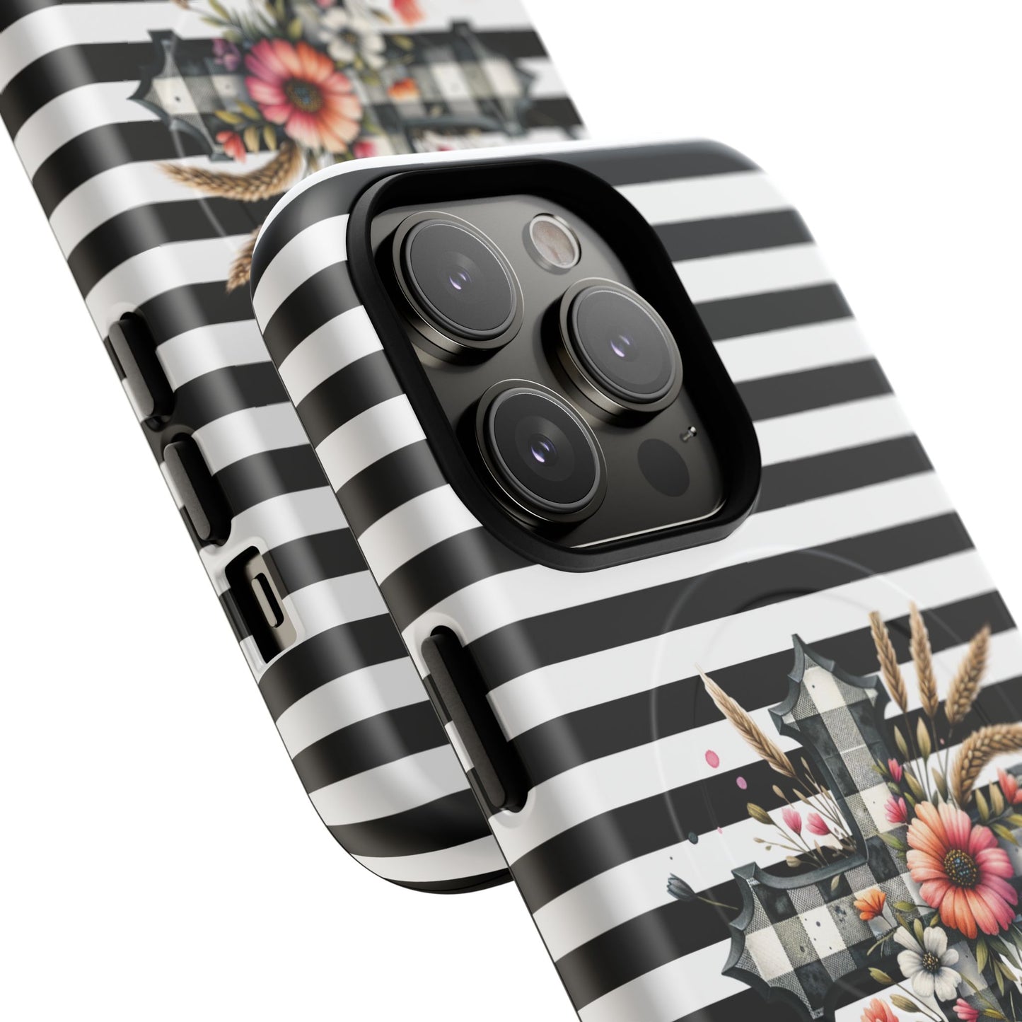 Grace in Bloom Tough Magnetic iPhone Case with Floral Cross Design, Boho iPhone Cover, Striped iPhone Case, Unique Religious Gift, Trendy Cell iPhone Accessory.