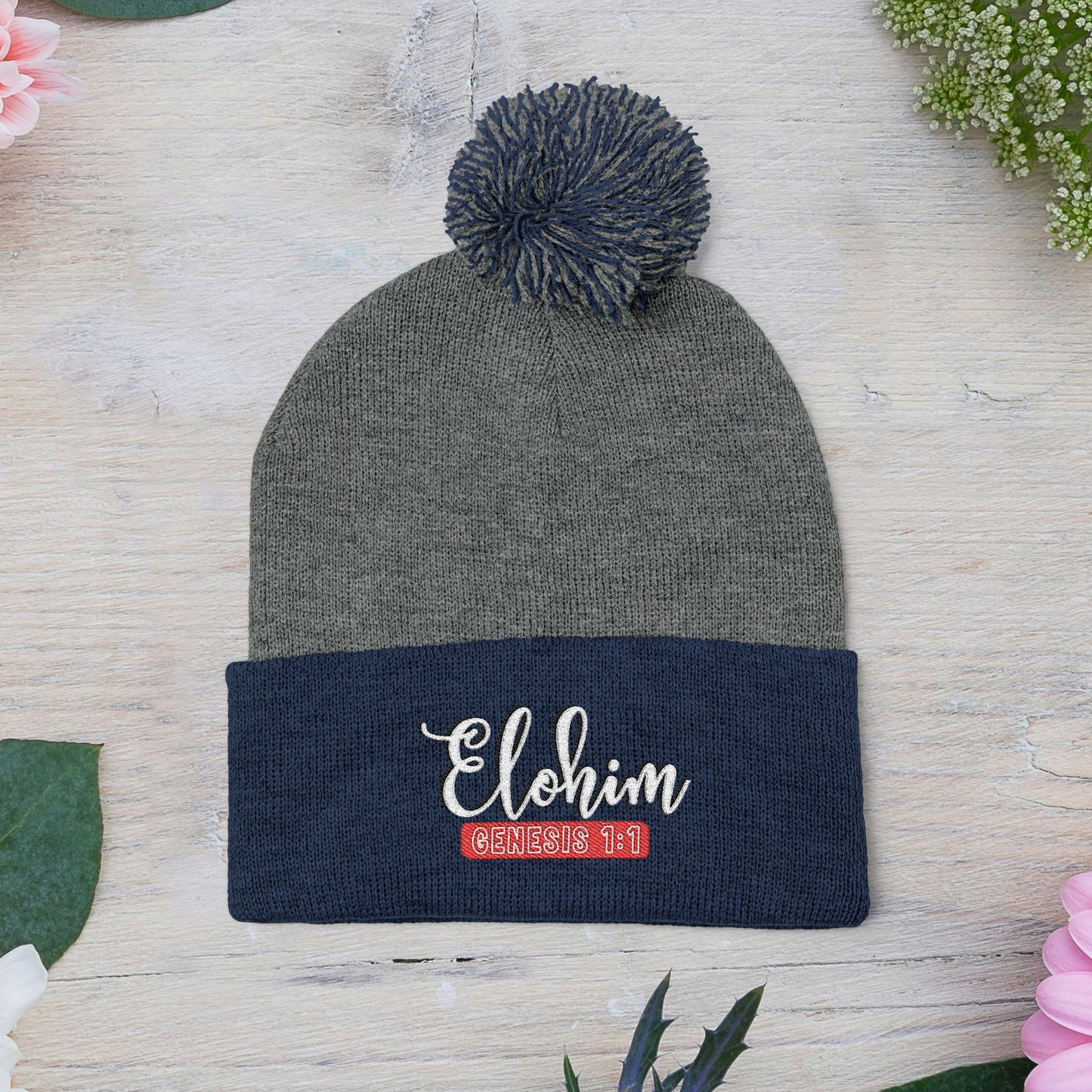 Pom-Pom Knit Cap with 'ELOHIM, GENESIS 1:1'  Embroidery Beanie - Stylish Winter Accessory for All Ages, Perfect Gift for Birthdays, Holidays, and Outdoor Activities