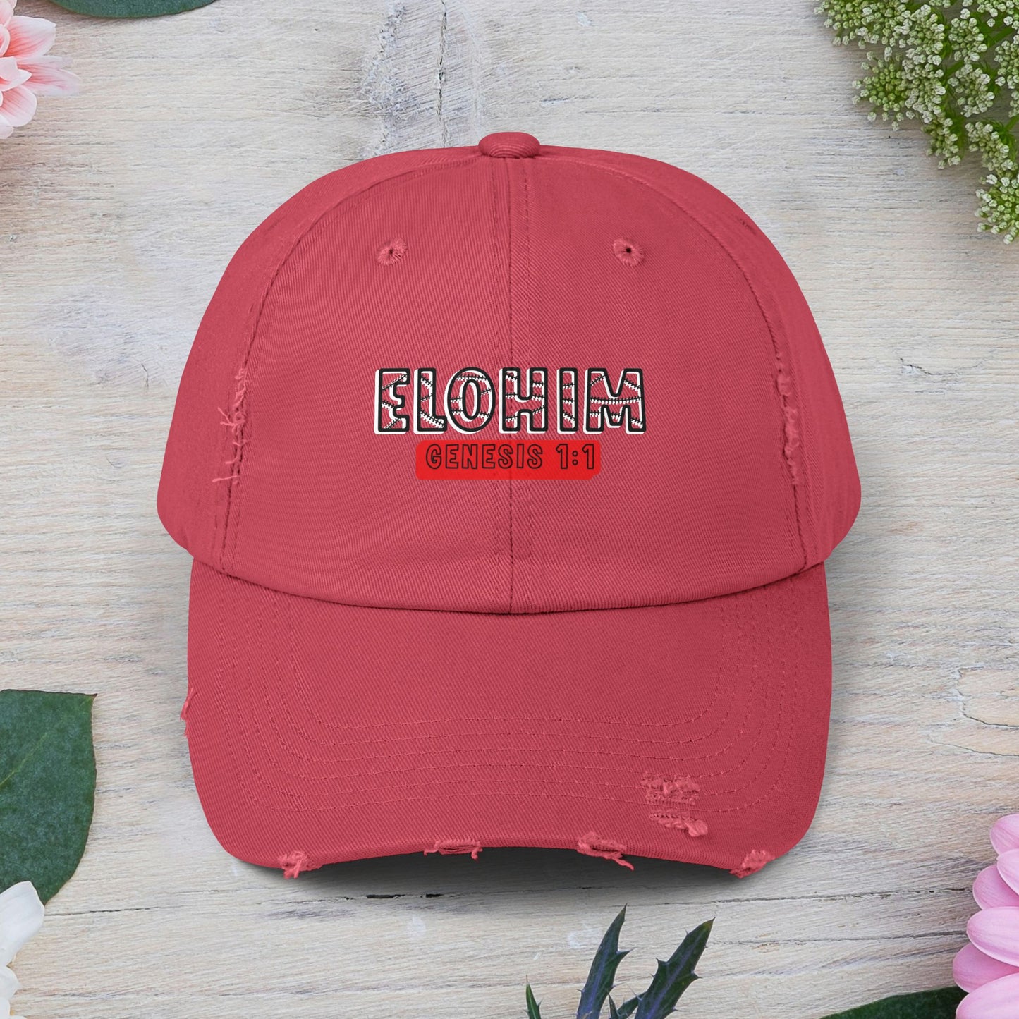 'ELOHIM, GENESIS 1:1- Distressed Cap – Unisex Faith-Inspired Hat for Everyday Wear, Bible Verse Cap, Gift for Religious Friends, Casual Accessories