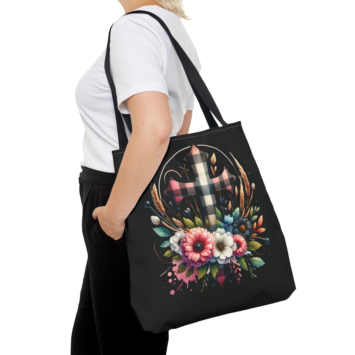 Faith and Floral Cross Heart Tote Bag