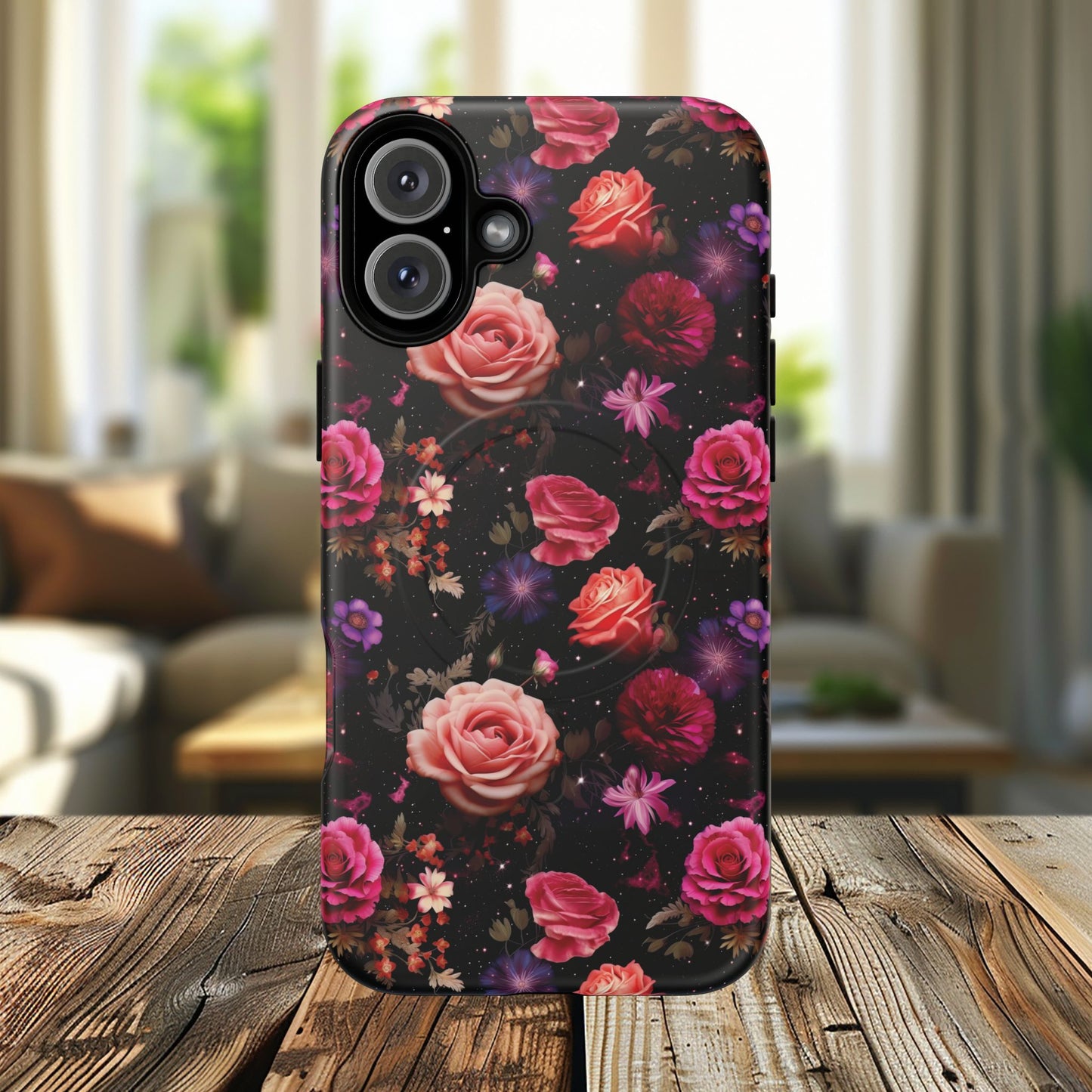 Starry Rose Garden Tough Magnetic Phone Case, Stylish Phone Cover, Gift for Her, Elegant Floral Design, Durable Phone Accessories