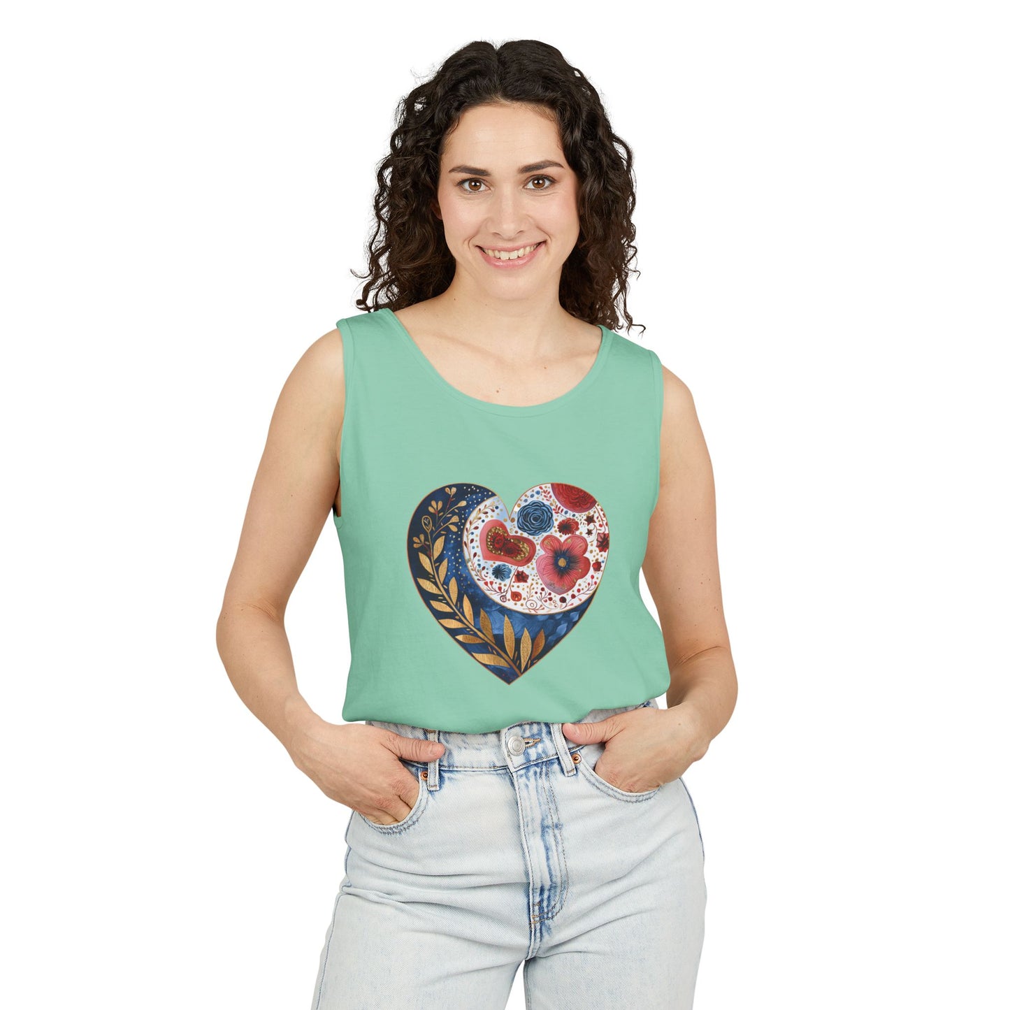 Floral Hearts Unisex Garment-Dyed Tank Top