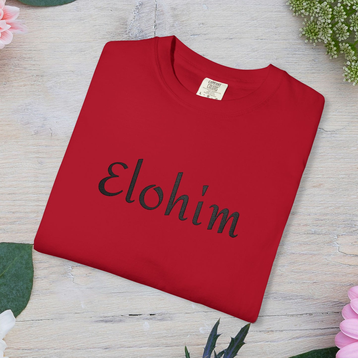 Embroidery 'ELOHIM, GENESIS 1:1' - Faith-Based Unisex Garment-Dyed Comfort Colors T-shirt, Faith Gift Tee, Religious Tee, Embroidery Tee.