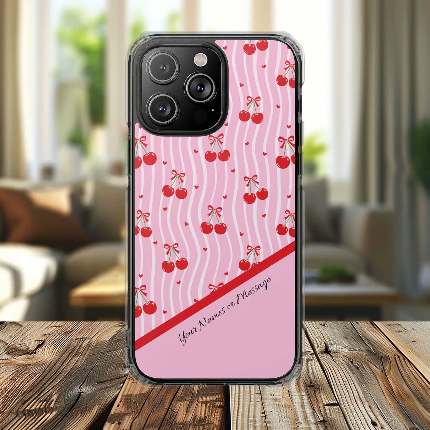 Personalized Cherry Blossom Dreams Clear Magnetic MagSafe iPhone® 13, 14, 15, 16, 17, X/XS, SE, XR, Mini, Pro, Pro Max, Plus Cases. — Customizable Name Accent