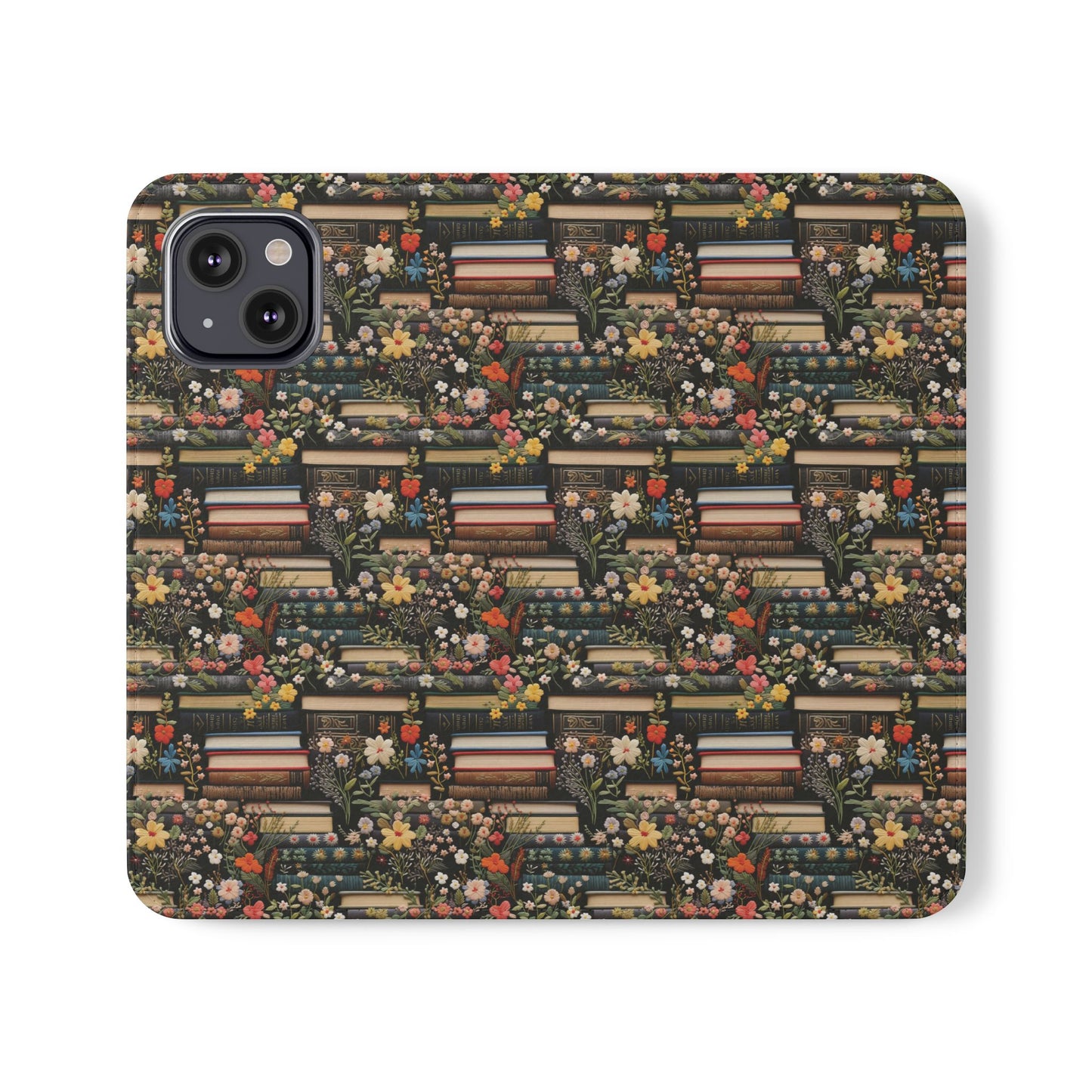 Book Stack Floral Flip iPhone and Samsung Phone Case — Vintage Library Wallet Cover.