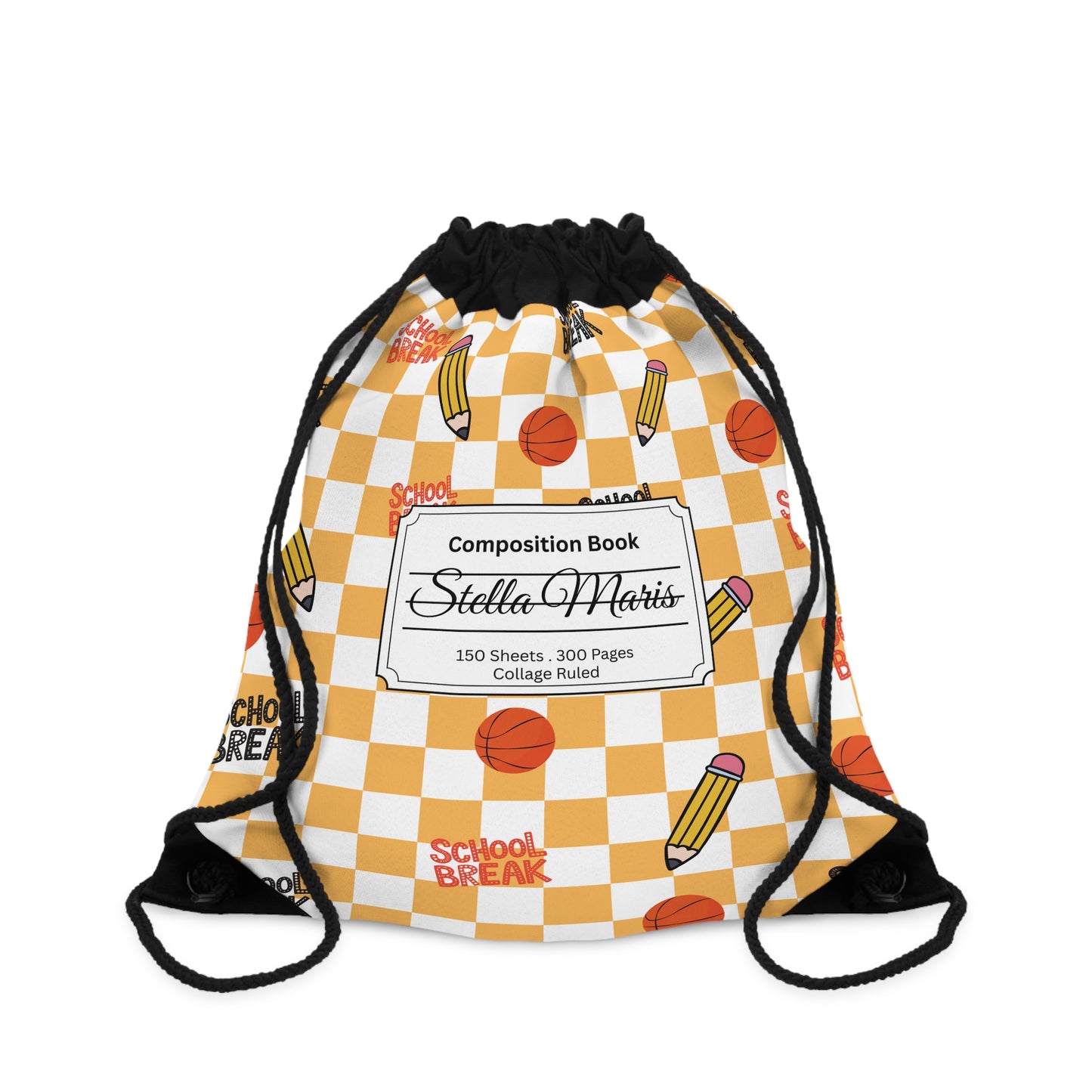 Custom Orange Schoolyard Chic Composition Book Inspired Colorful plsyful icons Drawstring Bag | Personalized College Ruled Tote | Kids School Gear | Fun Gym Sack | Back to School Accessory