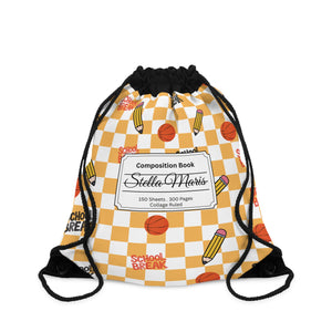 Custom Orange Schoolyard Chic Composition Book Inspired Colorful plsyful icons Drawstring Bag | Personalized College Ruled Tote | Kids School Gear | Fun Gym Sack | Back to School Accessory