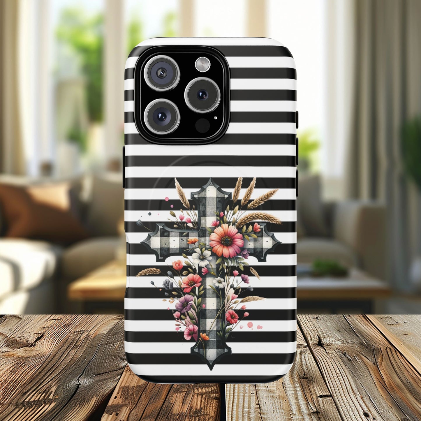 Grace in Bloom Tough Magnetic iPhone Case with Floral Cross Design, Boho iPhone Cover, Striped iPhone Case, Unique Religious Gift, Trendy Cell iPhone Accessory.