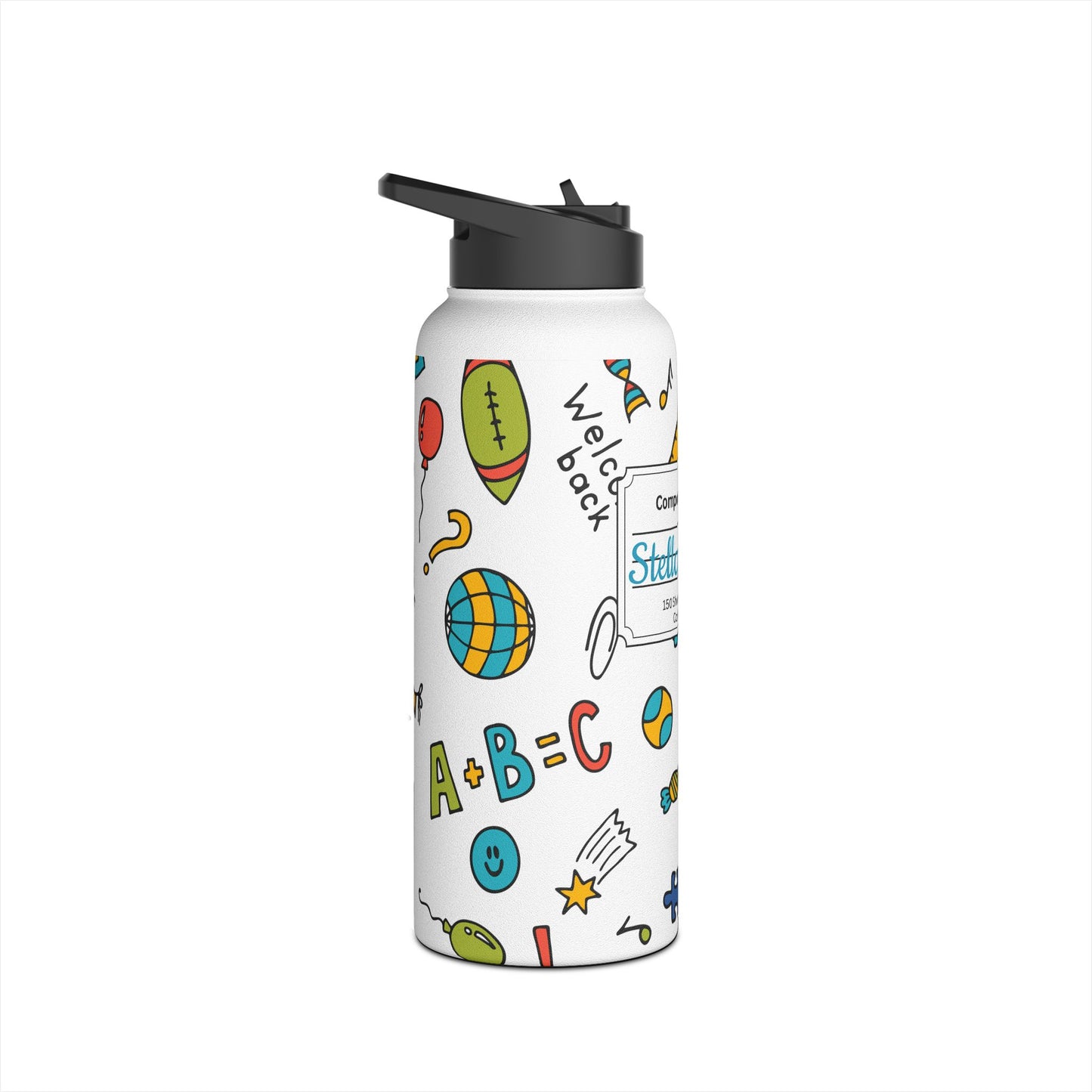Personalized Classroom Couture Composition Book Inspired Stainless Steel Water Bottle for Kids, School Supplies, Eco-Friendly Drinkware, Back to School, Teacher Gifts