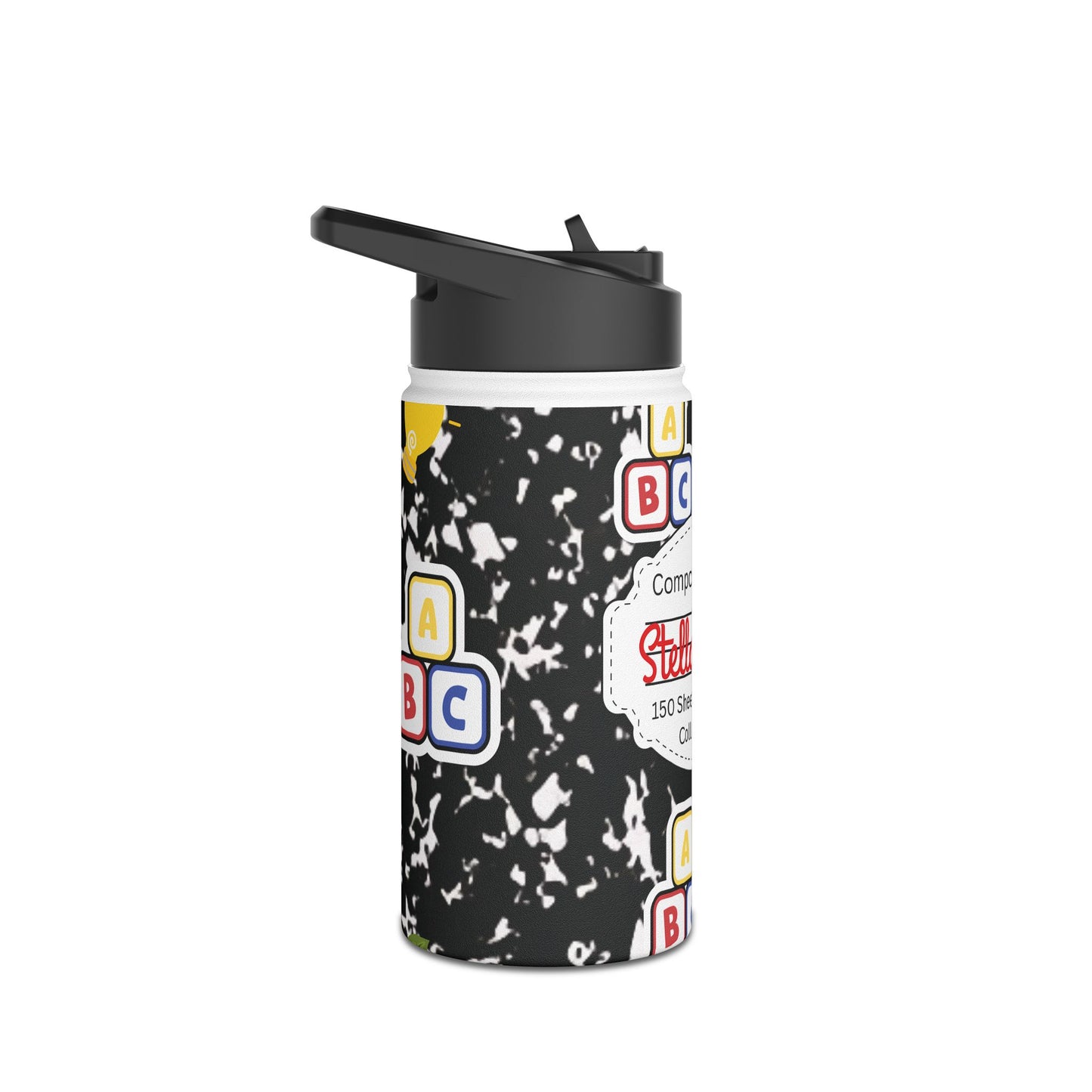 Personalized Black Composition Book Inspired Stainless Steel Water Bottle for Kids, School Supplies, Eco-Friendly Drinkware, Back to School, Teacher Gifts