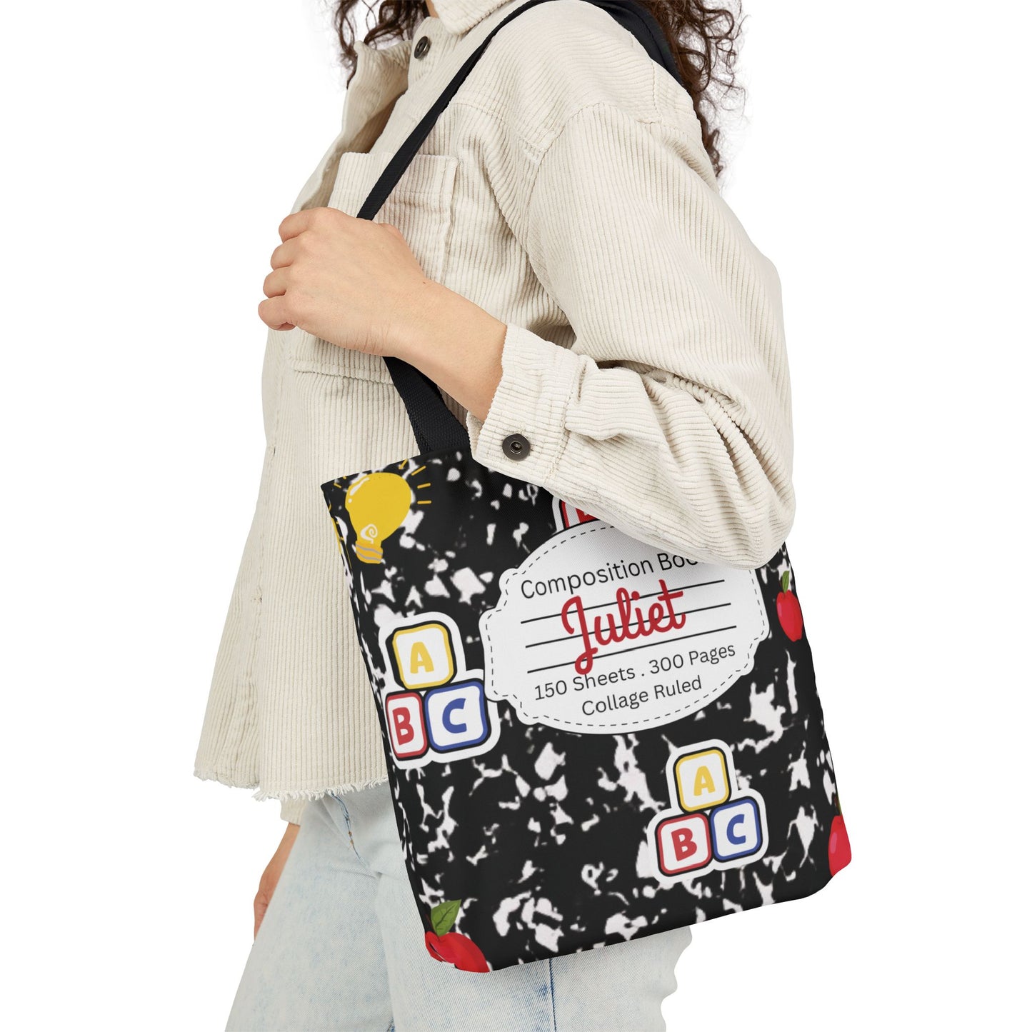 Personalized Black Composition Book Inspired Canvas Tote Bag with Colorful Straps, Cute School Bag, Eco-Friendly Tote, Back to School Shopping Bag, Teacher Gift Idea