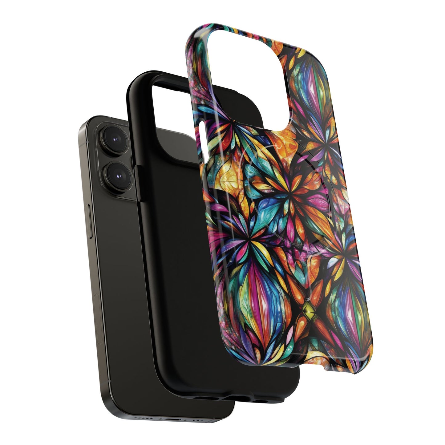 Luminous Whirl Tough Magnetic iPhone Cases, Vibrant Protection, Unique Floral Print, Durable Cover, Gift for Tech Lovers, iPhone Accessory, Stained Glass iPhone Design.