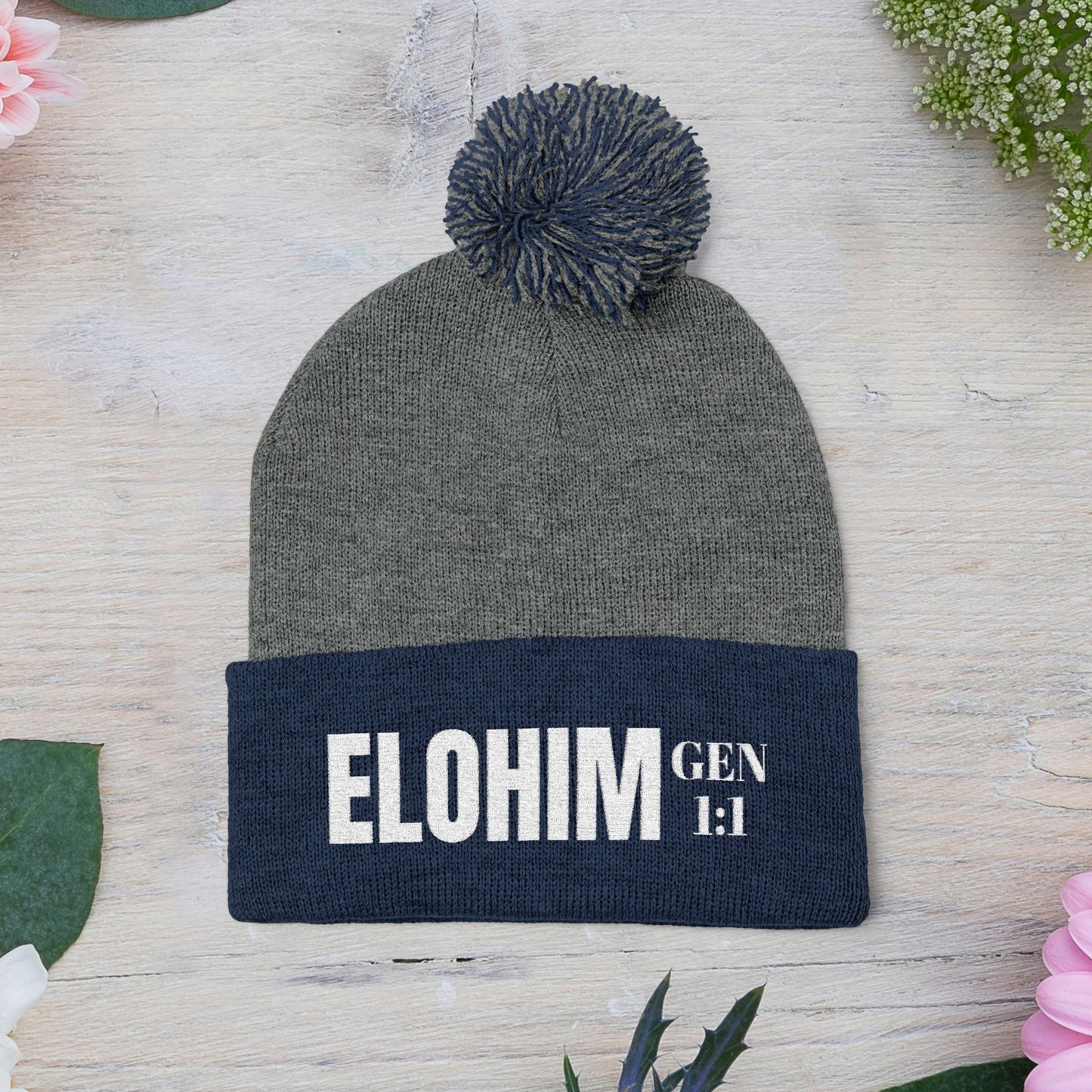 Pom-Pom Knit Cap with 'ELOHIM, GENESIS 1:1'  Embroidery Beanie - Stylish Winter Accessory for All Ages, Perfect Gift for Birthdays, Holidays, and Outdoor Activities