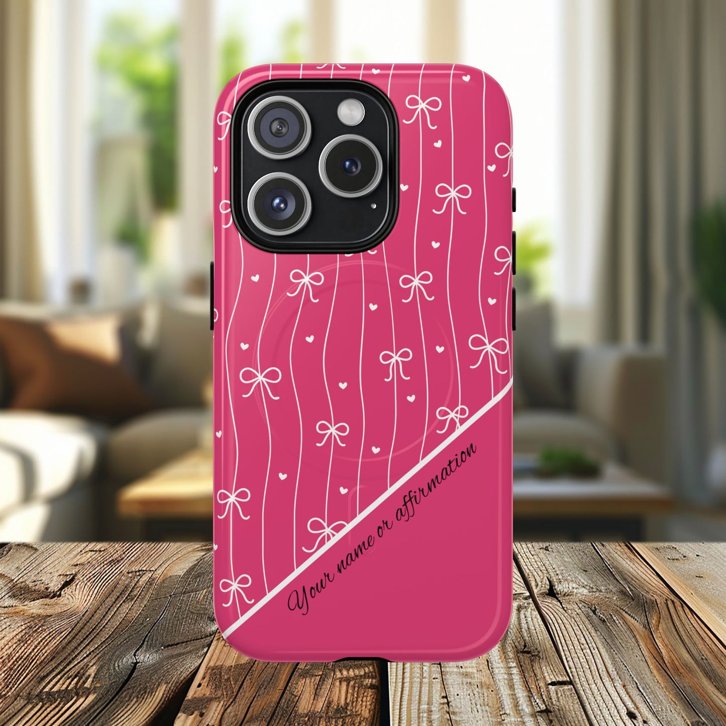 Pink Bow Coquette Magnetic Tough Magnetic MagSafe®  Case — (Add Name or Affirmation)-iPhone® 13, 14, iPhone 15, iPhone 16, iPhone 17, Pro, Pro Max, Plus Cases.