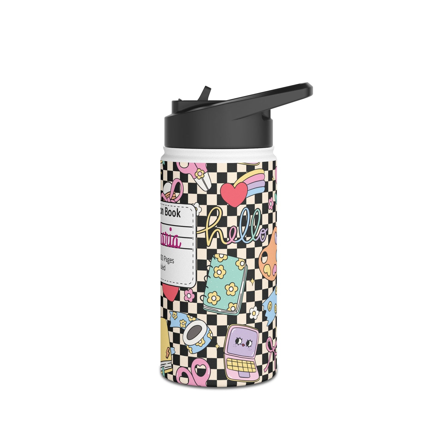 Personalized Black Doodle Daydream Composition Book Inspired Stainless Steel Water Bottle for Kids, School Supplies, Eco-Friendly Drinkware, Back to School, Teacher Gifts