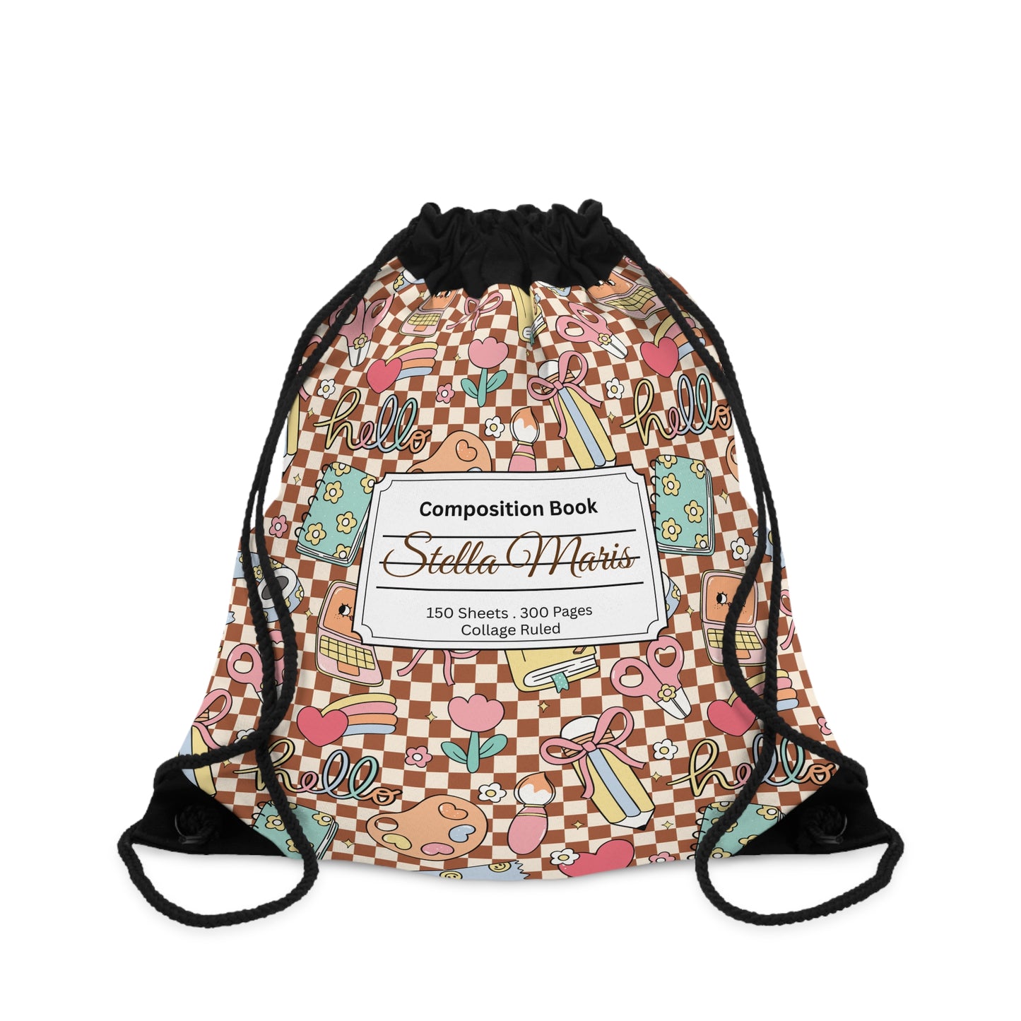 Composition Brown Doodle Daydream Book Inspired Colorful ABC Drawstring Bag | Personalized College Ruled Tote | Kids School Gear | Fun Gym Sack | Back to School Accessory