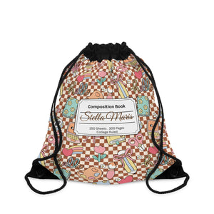 Composition Brown Doodle Daydream Book Inspired Colorful ABC Drawstring Bag | Personalized College Ruled Tote | Kids School Gear | Fun Gym Sack | Back to School Accessory
