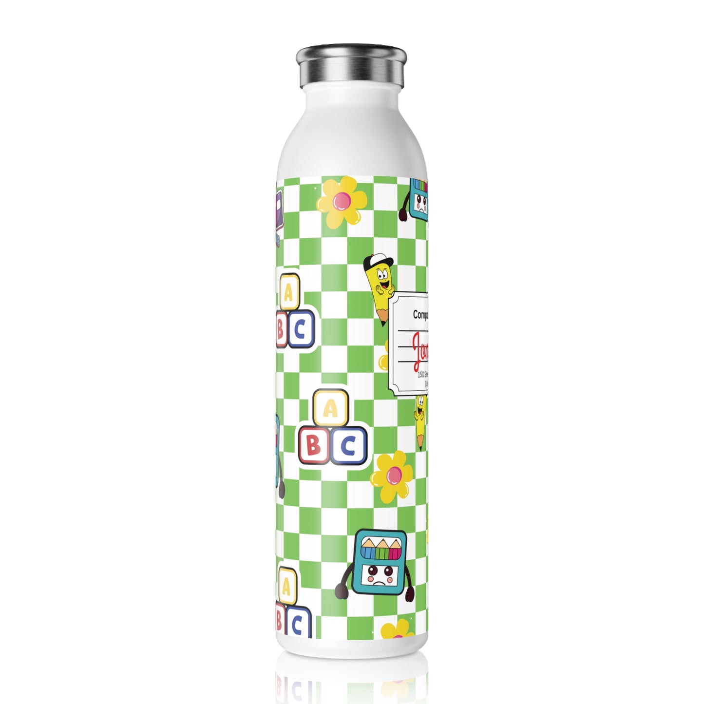 Personalized Green SchoolYard Chic Composition Book Inspired Slim Water Bottle, Customizable Drinkware, Eco-Friendly Hydration Bottle, Perfect for Gifts, School Supplies, Back to School
