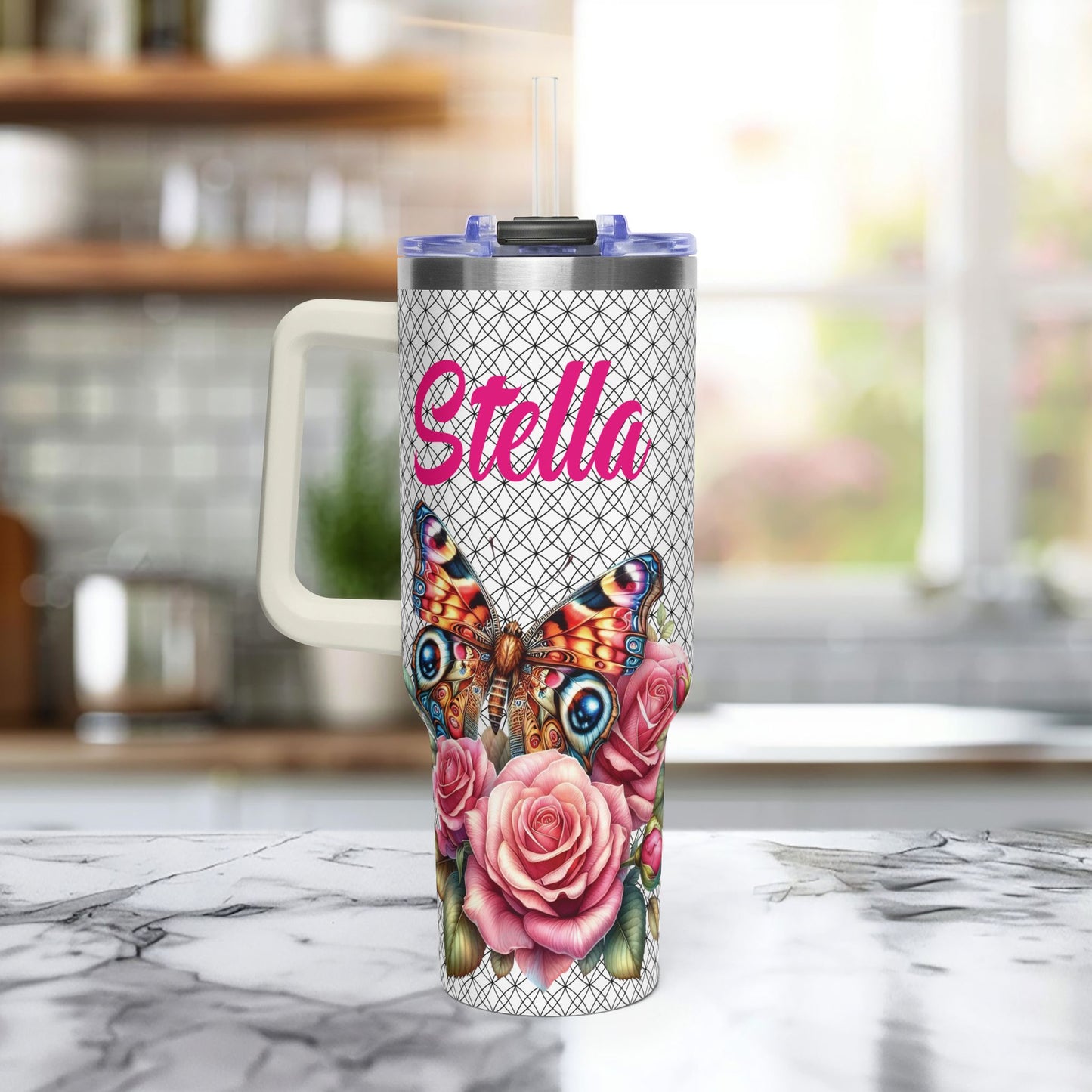 40oz Floral Butterfly Tumbler — Personalized "Name and Affirmation" Vacuum Insulated Cup
