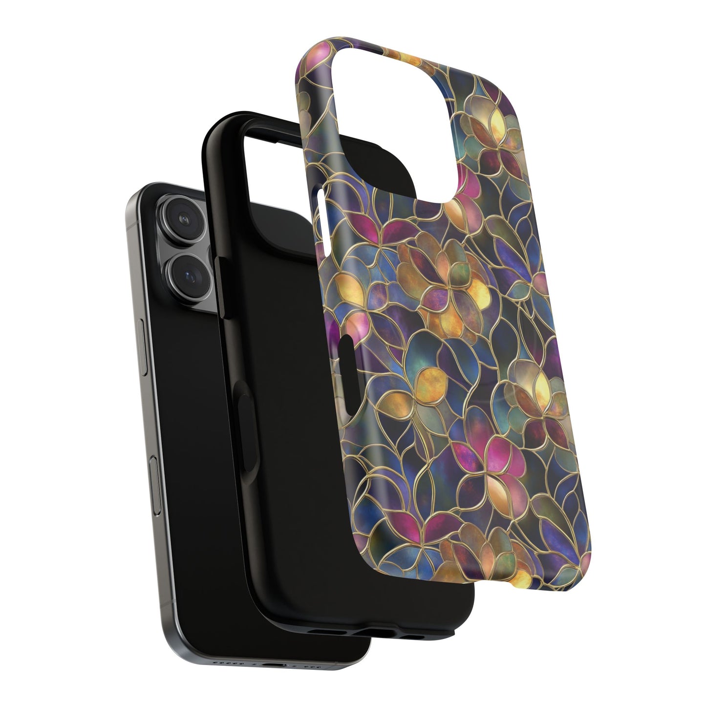 Chromatic Bloom Tough iPhone Magnetic Case, Tough iPhone Cover, Floral iPhone Accessory, Birthday Gift, Elegant Tech Decor, MagSafe Stained Glass Pattern.