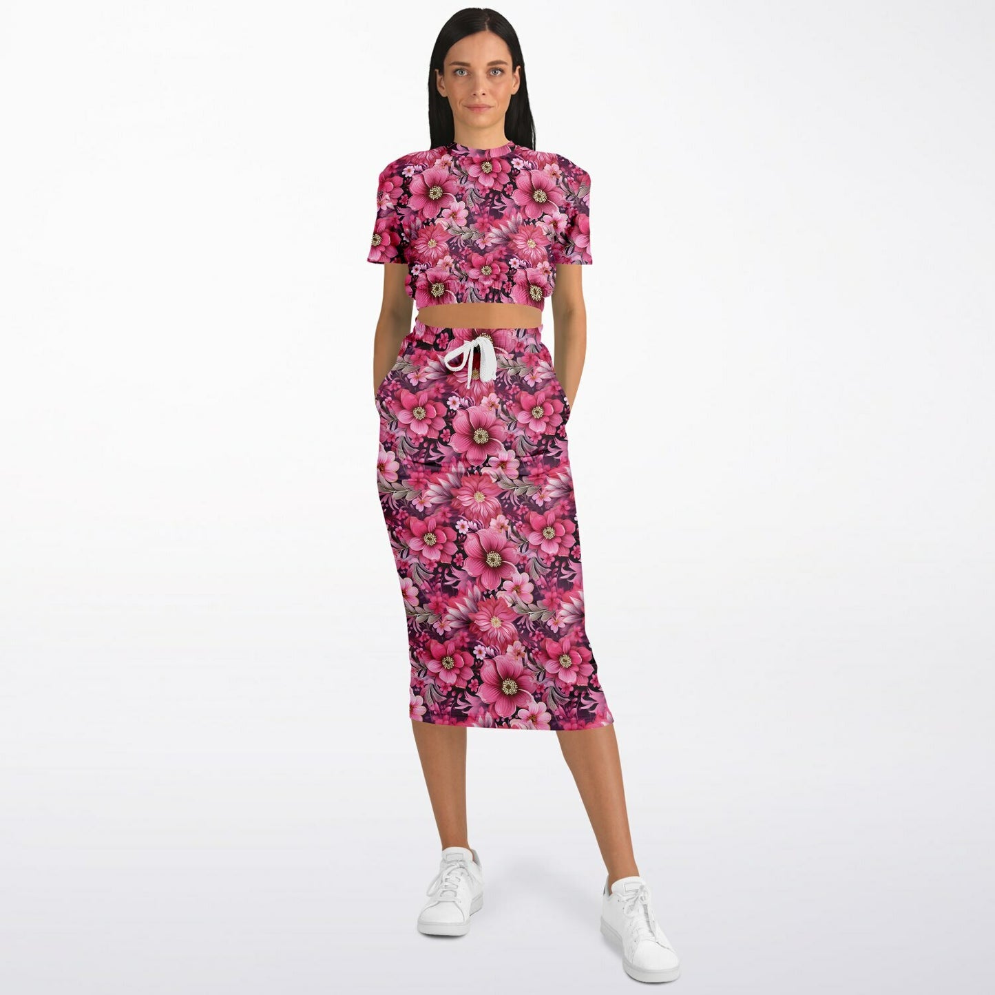 Peony Dreams  Athletic Cropped Short Sleeve Sweatshirt and Long Pocket Skirt Set – AOP