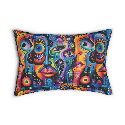 Psychedelic Visions Vibrant Art Lumbar Pillow - Colorful Abstract Design for Cozy Living Spaces.