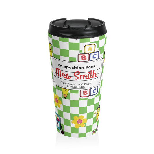 Customizable Green SchoolYard Chic Composition Book Inspired Travel Mug, Personalized Gift for Teachers, Back to School Drinkware, Christmas Present, Stylish Coffee Cup
