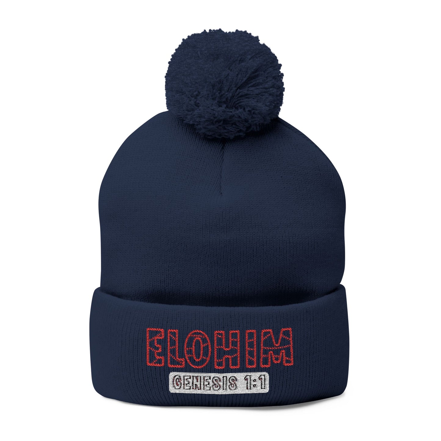Red Pom-Pom Knit Cap with 'ELOHIM, GENESIS 1:1'  Embroidery Beanie - Stylish Winter Accessory for All Ages, Perfect Gift for Birthdays, Holidays, and Outdoor Activities