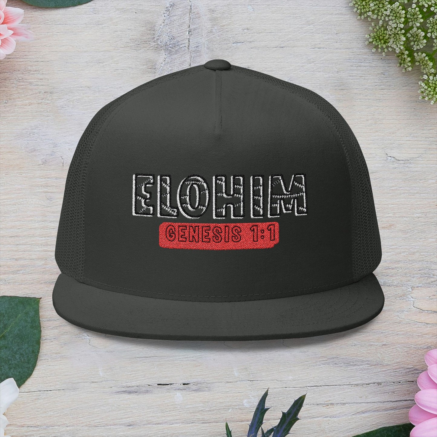 'ELOHIM, GENESIS 1:1'  Embroidered 5 Panel Trucker Cap | Casual Style Hat, Adjustable, Unisex, Perfect Gift for Outdoors, Festivals, Daily Wear
