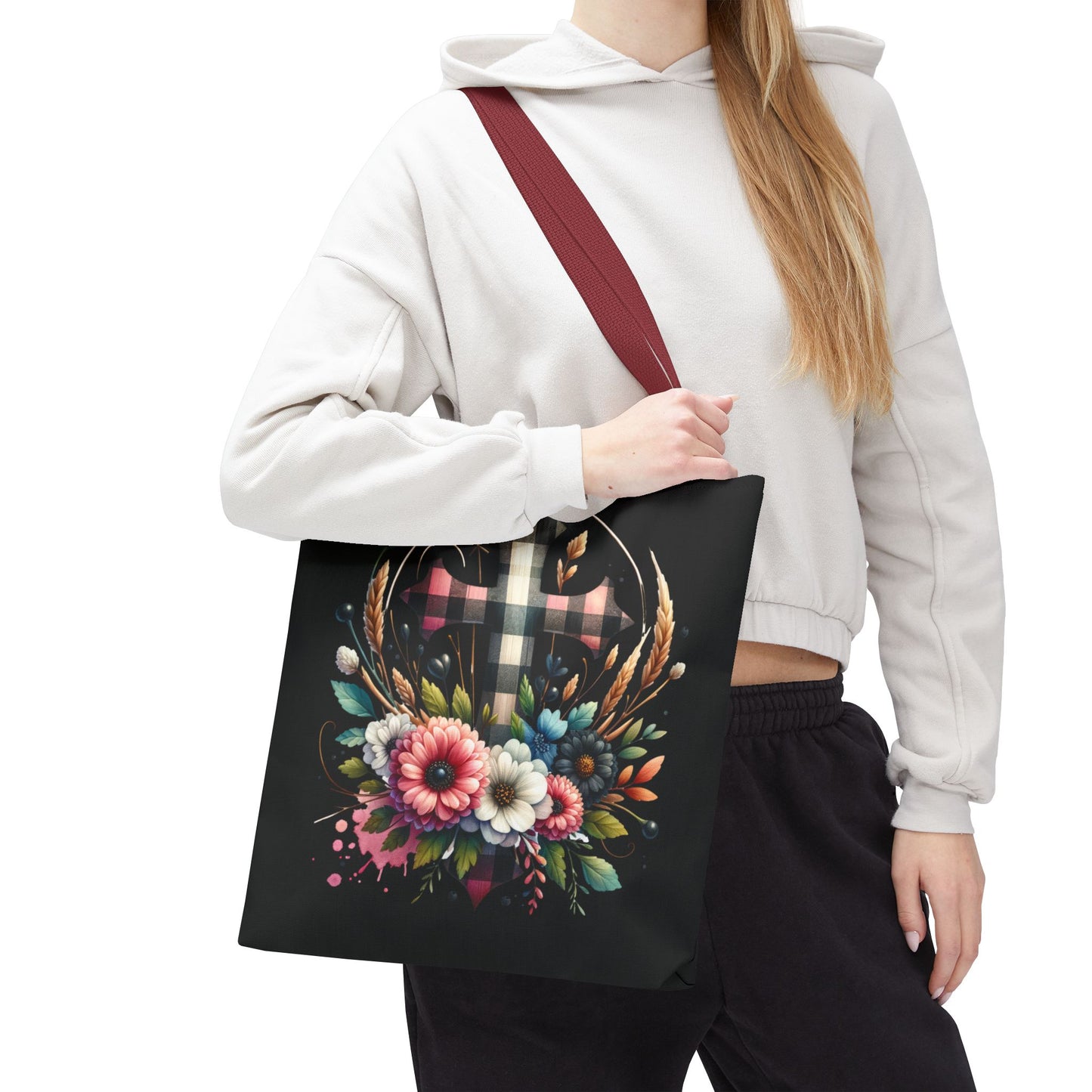 Faith and Floral Cross Heart Tote Bag