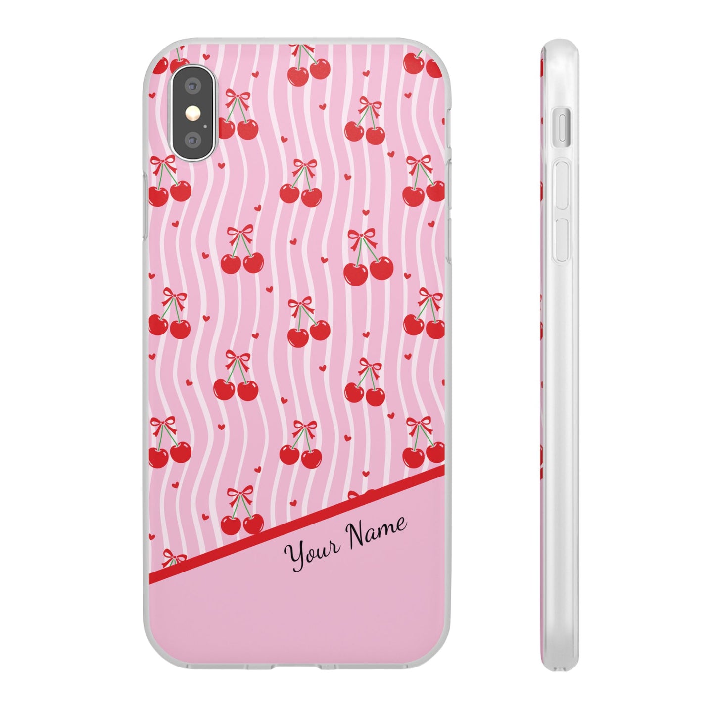 Personalized Cherry Blossom Dreams Flexi Case — Pink Retro Cherry iPhone® 7/8, 11, 12, 13, 14, 15, 16, 17, X/XS, SE, XR, Mini, Pro, Pro Max, Plus Cases.