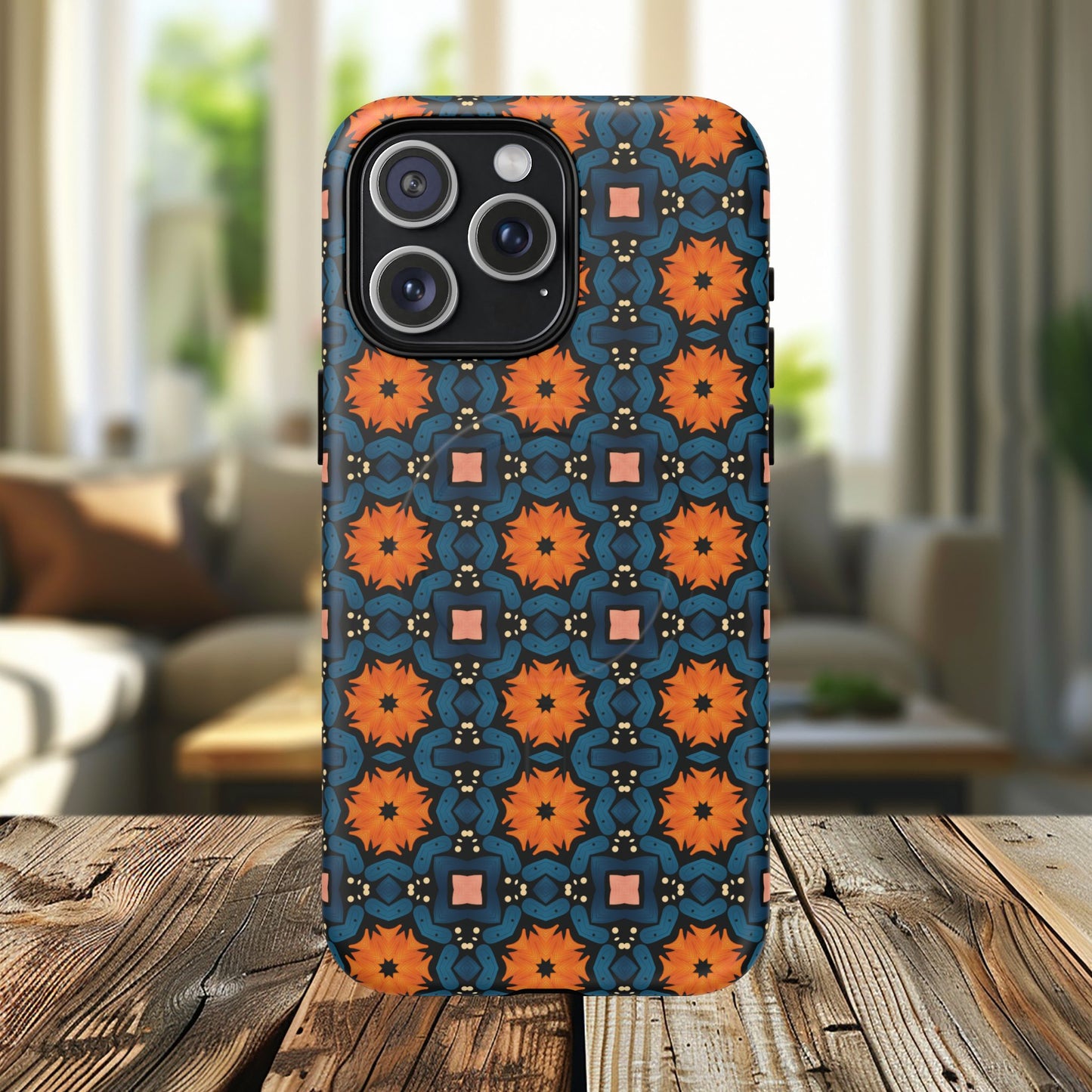 Saffron Tile Bloom Vibrant Floral Tough Magnetic iPhone Case, Durable iPhone Cover, Gift for Her, Floral Design, Unique iPhone Protection.