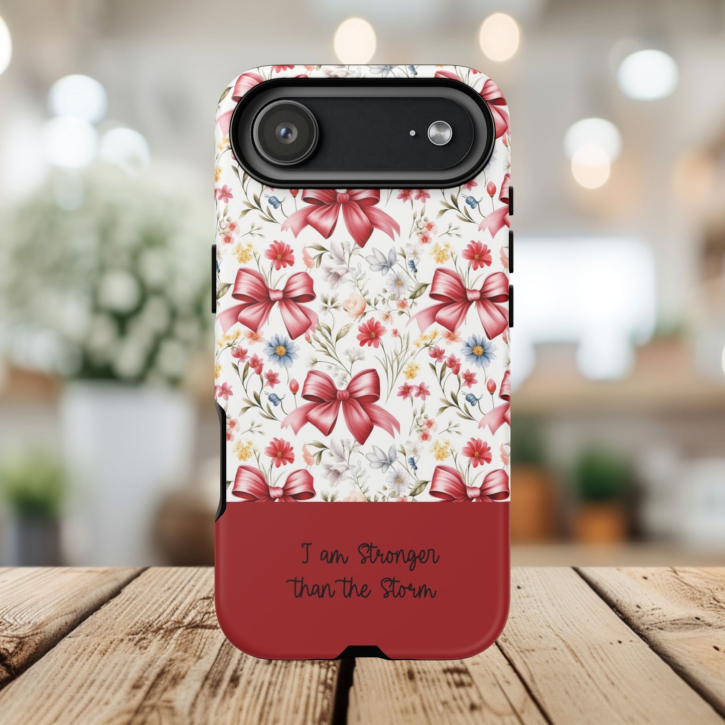 Personalized Rosette Coquette Phone Case - Custom Name/Message 'I Am Stronger Than The Storm' Floral Bow Protective Case