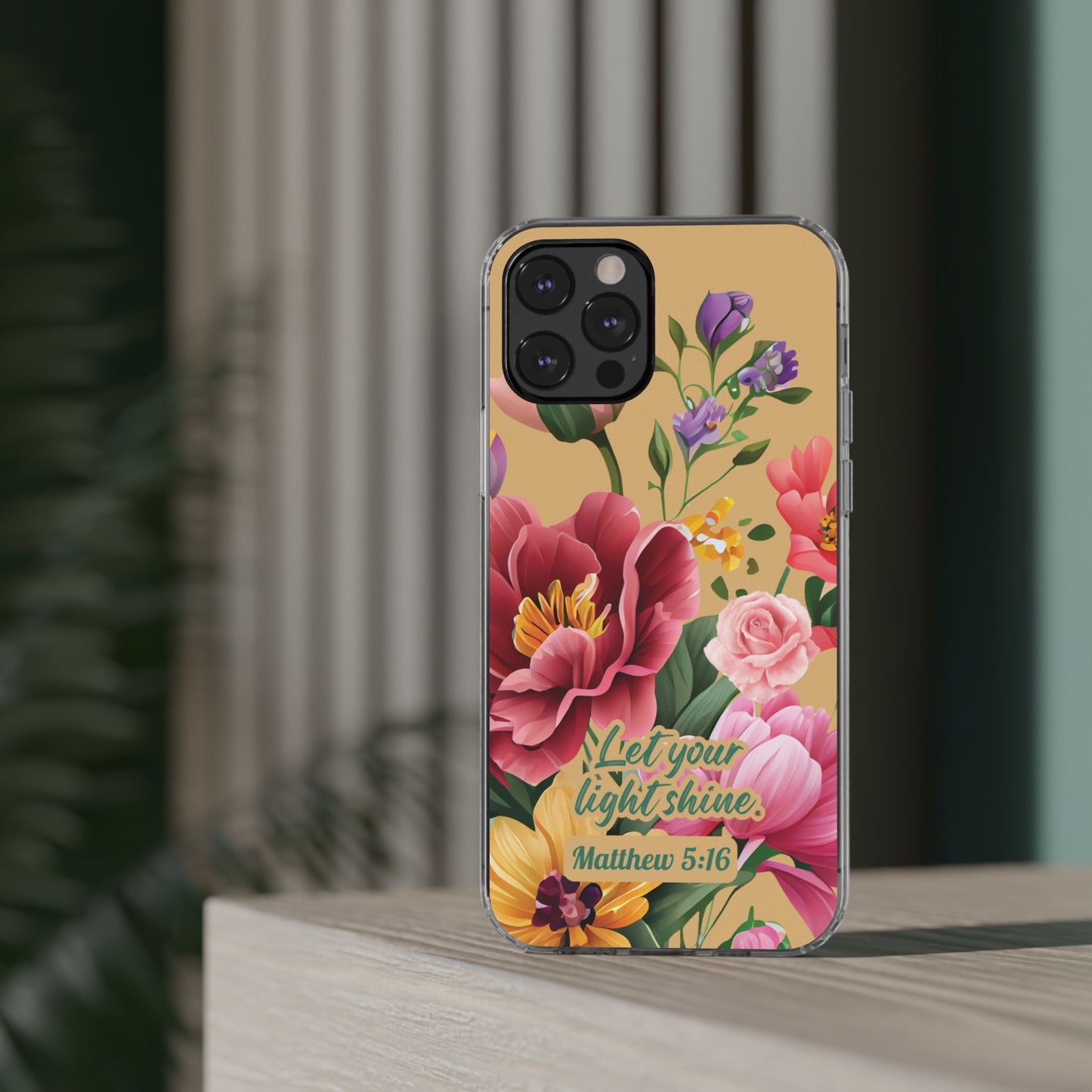 Clear Floral Bible Verse Phone Case — "Let Your Light Shine" (Matthew 5:16) for iPhone and Samsung Cases.