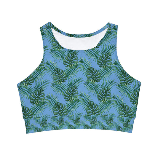 Blue Tropical Bliss High Neck Crop Bikini Top (AOP)