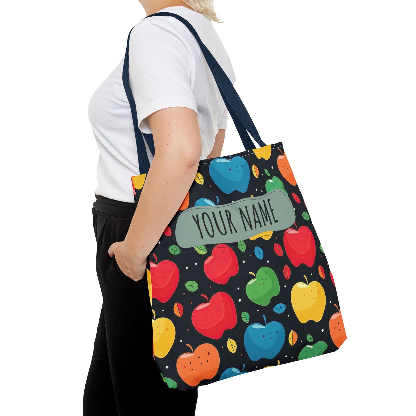 All-Over Apple Print Personalized Tote Bag — Durable Everyday Carry (3 Sizes, 5 Handle Colors)