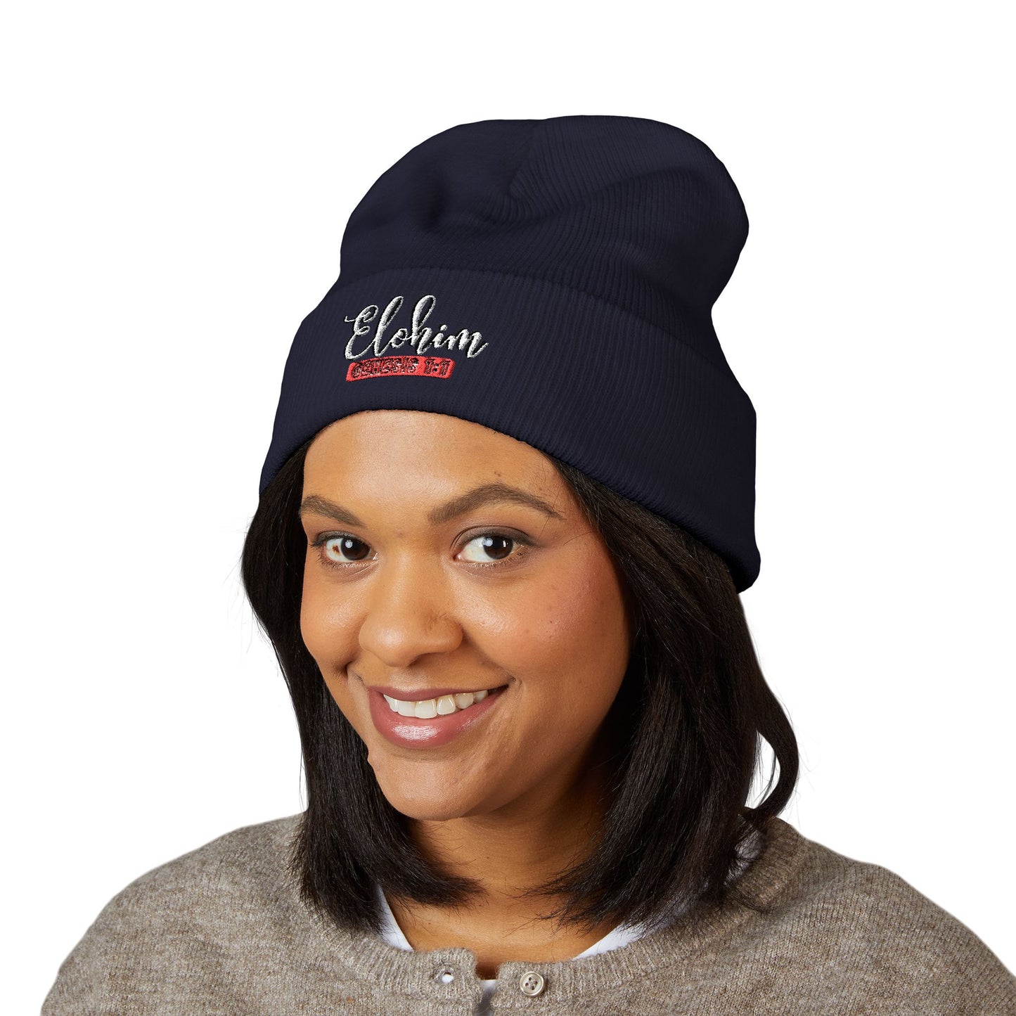 Embroidered 'ELOHIM, GENESIS 1:1' Classic Cuffed Beanie - Cozy Winter Hat, Streetwear Accessory, Personalized Gifts, Religious Apparel, Unisex Beanie