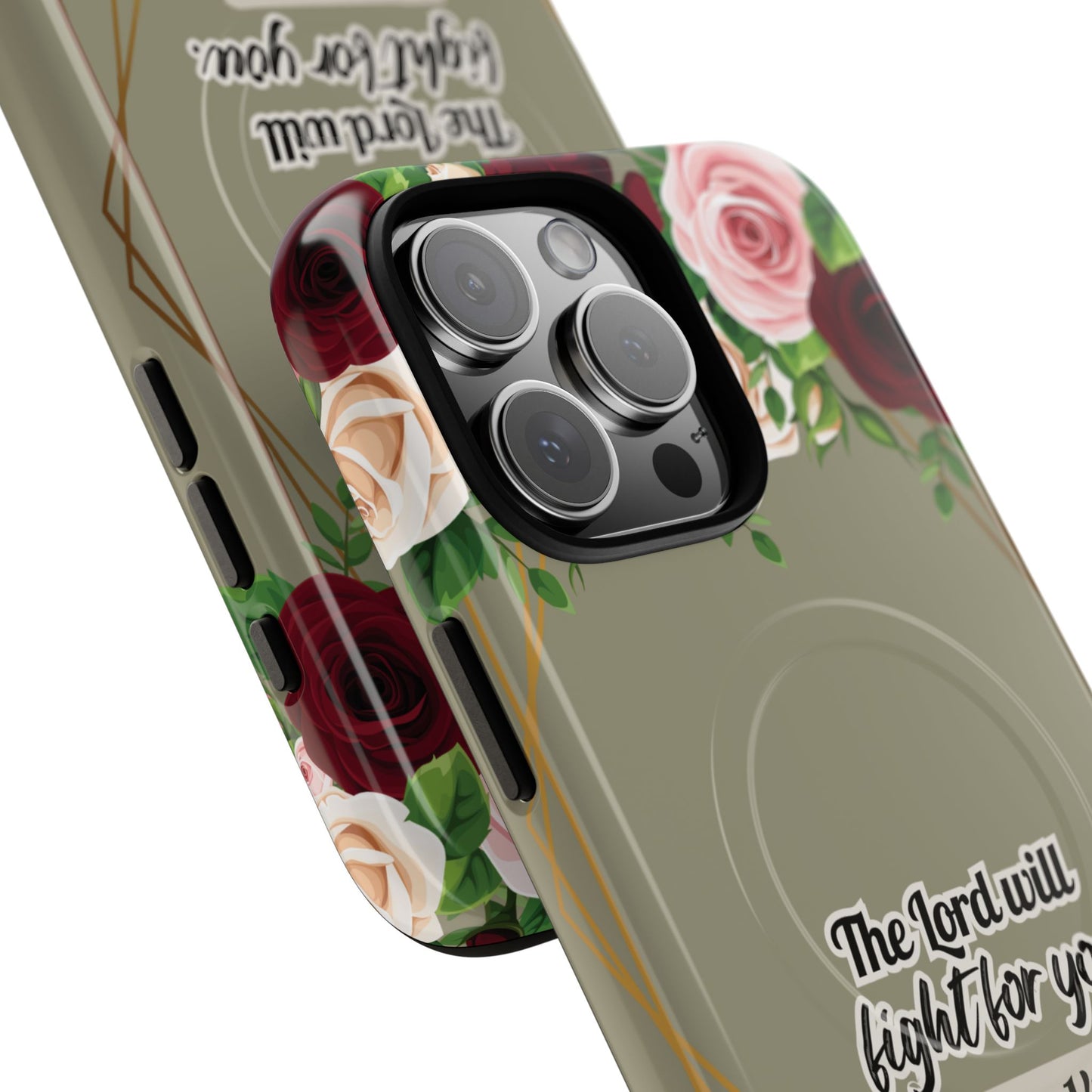 The Lord will Fight for You Exodus 14:14, Inspirational Gift, Tough iPhone Magnetic Case Scripture, Roses Bible Verse, MagSafe® iPhone® Tough Case, iPhone 14, iPhone 15, iPhone 16, Pro, Pro Max, Plus.