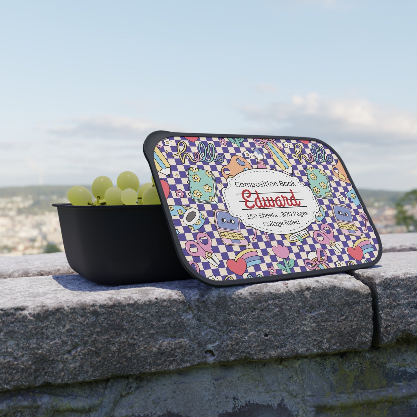 Personalized Purple Doodle Daydream Composition Book Inspired Bento Box, Fun Lunch Container, School Lunch, Meal Prep, Kids' Utensils, Back to School, Child's Lunchbox