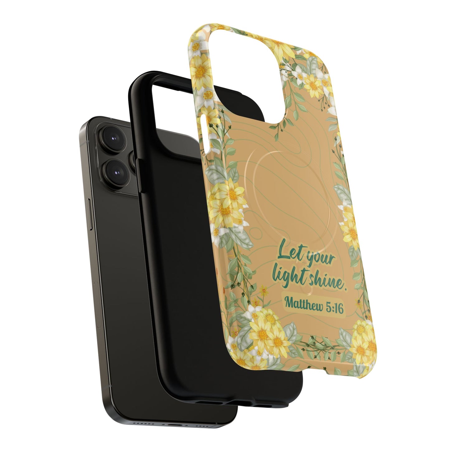 Let your Light Shine Matthew 5:16, Inspirational Gift, Tough iPhone Magnetic Case Scripture, Floral Bible Verse, MagSafe® iPhone® Tough Case, iPhone 14, iPhone 15, iPhone 16, Pro, Pro Max, Plus.